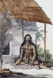 Cultura, civilización y sociedad india: Retrato de un Fakir durante la oración, India. Grabado de 1808