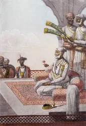 Cultura, civilización y sociedad india: retrato de un rajá, soberano de los brahmanes, India. Grabado de 1808