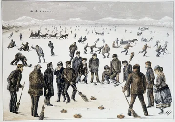 Curling en un lago congelado cerca de Halifax, Nueva Escocia - en “Bocetos de deportes y pasatiempos canadienses” de Teniente Henry Buckton Laurence