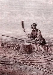 Cortando los trocitos de bambú, fabricación de papel en China (siglo III a.C.) (grabado