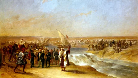 Corte de la sección final del canal en la llanura de Suez por Su Excelencia Ali Pascha el 15 de agosto de 1869
