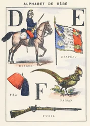 D E F: dragón, bandera, faisán, fez, rifle
