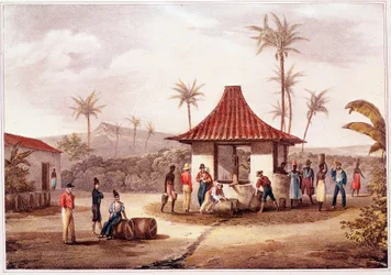 Vida cotidiana en Cabo Verde (Cabo Verde) Residentes de un pueblo cruzando en la fuente. Litografía del siglo XIX. Archivo Histórico de Ultramar de Lisboa