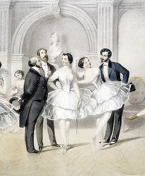 Bailarines rodeados de hombres en la era romántica - s.d.