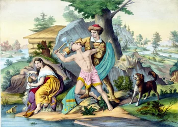 Daniel Boone protege a su familia: Daniel Boone, pionero americano (1734 - 1820) matando a un indio que ataca a su familia con un hacha. Grabado siglo XIX.