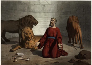 Daniel, arrojado a los leones por el rey, es protegido por un ángel del Señor que calma a las bestias (grabado anónimo de mediados del siglo XIX)