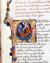Dante Alighieri: Divina Commedia (Divina Comedia) incipit del Purgatorio. Dante y Virgilio. Manuscrito del siglo XIV. Milán, Biblioteca Trivulziana