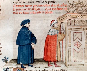 Dante y Virgilio en la puerta de Dite controlada por las furias (canto 9 del Infierno, en la Divina Comedia) - miniatura siglo XV