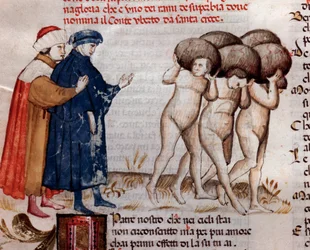 Dante y Virgilio mirando al conde y Umberto Aldobrandeschi Oderisi da Gubbio (canto 11 del Purgatorio, en la Divina Comedia) - miniatura siglo XV