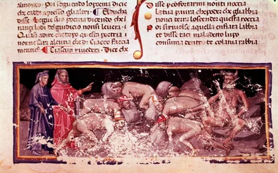 Dante y Virgilio con los avaros y derrochadores (canto 7 del Infierno, en la Divina Comedia) - miniatura
