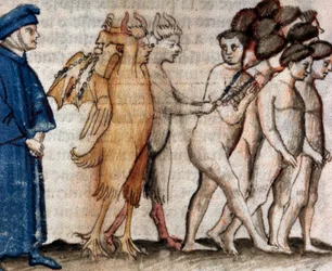 Dante se encuentra con Venedico Caccianemico en el círculo de los proxenetas (canto 18 del Infierno, en la Divina Comedia) - miniatura siglo XV