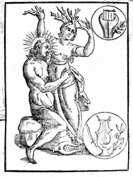 Dafne perseguida por Apolo se transforma en laurel - Grabado en “Mythologiae sive explicationis fabularum...” de Natalis Comitis, Patavia
