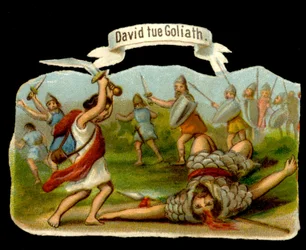 David y Goliat: David mata a Goliat con su espada. Cromolitografía del siglo XIX