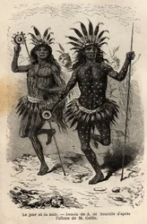 Día y noche, pinturas en el cuerpo de los bailarines de la ceremonia religiosa y expiación, ejecutadas por los jefes y sus compañeros, entre los indios Mandan (o noumah ka kie: faisanes), en la orilla izquierda del Missouri. Grabado para ilustrar una excur