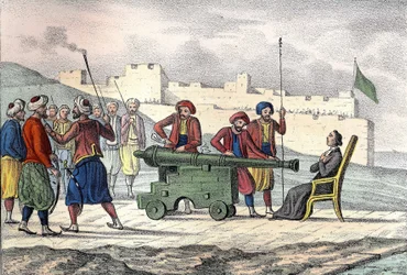 Muerte en Argel en 1683 del Padre LE VACHER (Jean Levacher), misionero francés durante el bombardeo de Argel por Duquesne. En “La Argelia antigua y moderna” por Léon Galibert. Edición italiana en 1846 color