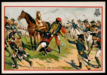 Muerte del General Charles Antoine Desaix de Veygoux (1768-1800) en la Batalla de Marengo (1800) - cromo, finales del siglo XIX