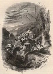 Muerte de Indutiomarus, jefe de los Treviros, asesinado por el ejército romano en 53 a.C. Grabado de 1868 en “Histoire de Belgique desde los tiempos primitivos hasta el final del reinado de Leopoldo I” por Theodore Juste (1818-1888). Colección privada.