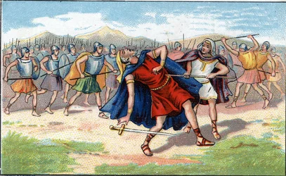 Muerte de Judas Macabeo (Maccabee o Macabee) o Yeouda Hamakabi guerrero judío (200-160 a.C.). Cromolitografía del siglo XIX