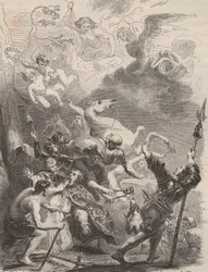 Muerte de San Lievin el Grande (Livin, o Lebwin, o Livinus) como evangelizador de Flandes, martirio en 657/663. Grabado de 1868 en “Histoire de Belgique desde tiempos primitivos hasta el final del reinado de Leopoldo I” por Theodore Juste (1818-1888). Cole