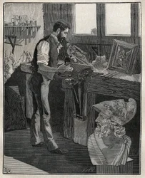 Decoración de platería: cincelador de bronce. Grabado de 1885 en “Les arts et métiers illustrés” de Adolphe Bitard.