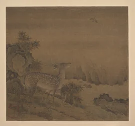 Ciervo junto a un arroyo de pinos, principios del siglo XV (hoja de álbum; tinta y color sobre seda)