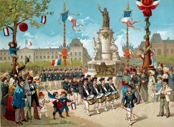 Desfile de los niños de los batallones escolares en la Place de la République el 14/07/1883 en París. Litografía del siglo XIX, París, Museo Carnavalet