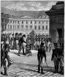 Degradación del General Bonnaire ex soldado del imperio condenado por la muerte accidental del jefe de personal de Luis XVIII el 8 de junio de 1816 al pie de la columna Vendôme (Place Vendôme) en París.