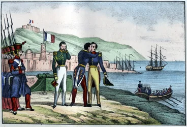 Salida de Louis Auguste, Conde de Bourmont (Mariscal de Bourmont) (1773-1846) de Argelia en 1830. En “La Argelia antigua y moderna” por Léon Galibert. Edición italiana en 1846 color