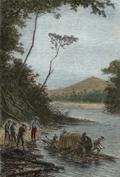 Descenso del Amazonas (1743-1744) - La partida de la balsa por Charles Marie de La Condamine (1701-1774) grabado
