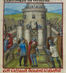 Detalle de una miniatura que representa un asalto al castillo, de "Le Roman de la Rose".