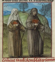Detalle de una miniatura de Abstinence Contrainte (Abstinencia forzada) y Faux Semblant (Falsa apariencia) de camino a ver Malebouche (Lengua diabólica) , de "Le Roman de la Rose".