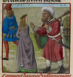 Detalle de una miniatura de Peligro expulsando al Amante y a Bel Accueil (Bella Bienvenida) del jardín, de "Le Roman de la Rose".