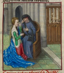 Detalle de una miniatura de la Naturaleza confesándose ante un sacerdote, de "Le Roman de la Rose".