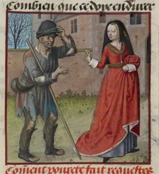 Detalle de una miniatura de Pauvrete (Pobreza) pidiendo limosna a Richesse (Riqueza), de "Le Roman de la Rose".