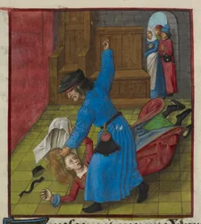 Detalle de la miniatura de un marido celoso que golpea a su mujer hasta hacerle volar el pelo y la ropa, mientras los espectadores observan desde la puerta, de "Le Roman de la Rose".