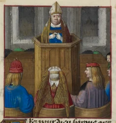 Detalle de una miniatura de un sacerdote predicando a los ejércitos de Venus, de "Le Roman de la Rose".