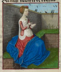 Detalle de una miniatura de una mujer sentada en un jardín amurallado, contando con los dedos, de "Le Roman de la Rose".