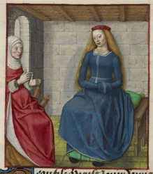 Detalle de una miniatura de la Vieille (la Dueña) y Bel Accueil (Bella Bienvenida), de "Le Roman de la Rose".