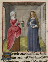 Detalle de una miniatura de la Vieille (la Dueña) y Bel Accueil (Bella Bienvenida), de "Le Roman de la Rose".
