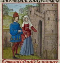 Detalle de una miniatura del Amante y la Vieille (la Dueña), de "Le Roman de la Rose".