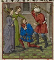 Detalle de una miniatura que muestra a Honte, Peur y Danger atacando al Amante, de "Le Roman de la Rose".