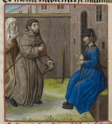 Detalle de la miniatura de Faus-semblant y Contrainte-Abstinence hablando con Malebouche de "Le Roman de la Rose".