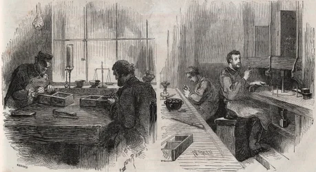 Corte de diamantes en un taller en los Países Bajos: cortadores y pulidores - Grabado en “Le Monde Illustré”