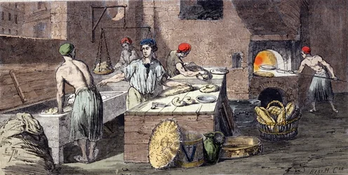 Diferentes actividades de los panaderos: el amasado de la masa de pan, la preparación de los panes, la cocción. Grabado del siglo XIX