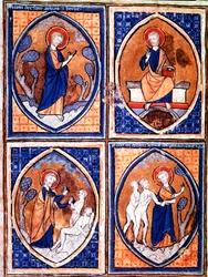Diferentes etapas de la Creación del Mundo representadas en mandorlas. Miniatura de un manuscrito del siglo XIII. Porto, Biblioteca Municipal