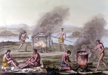 Escena de comedor y cocina entre los indios de Florida. Grabado del siglo XVII