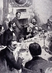 Cena en la mesa de Victor Hugo con Jean Mounet-Sully (1841 - 1916), actor francés. Grabado del siglo XIX
