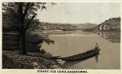 Cena, vista hacia Anseremme y el río Lesse, Región Valona de Bélgica. Cromolitografía de finales del siglo XIX