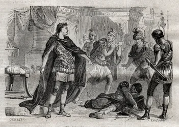 Diocleciano (Caius Aurelius Valerius Diocletianus Augustus) (244-311) muriendo Lucius Flavius Aer - grabado en “Dictionnaire populaire illustrious” - 1864 - por Joseph Decembre y Edmond Allonier