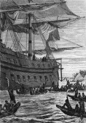Descubrimiento de las Indias: viaje de Wallis en el Pacífico; Nativos yendo a encontrarse con los colonos - en “Los Viajeros del siglo XVIII y XIX”, por Jules Verne, ed. Hetzel et Cie, París